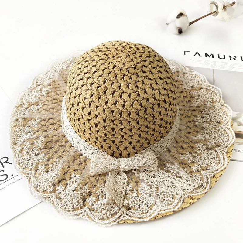 Parent-child Summer Women's Sun Hat Bucket cap beige lace Bowknot Flowers Ribbon Flat top Straw Hats Beach Caps Panama seaside