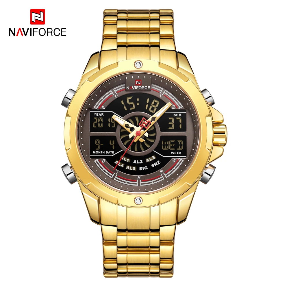 NAVIFORCE аналого-цифровые часы мужские роскошные из нержавеющей стали спортивные мужские военные модные наручные часы золотые кварцевые наручные часы - Цвет: Golden