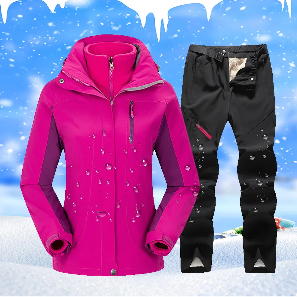 

Ski Suit Women Winter Snowboard Jacket + Fleece Pants Set Thicken Warm Windproof Breathable Outdoor Waterproof Snow Coat Suit