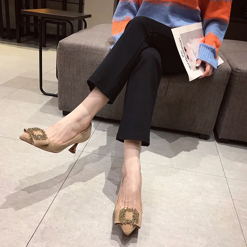 

2019 Autumn New Style Korean-style Online Celebrity Man-made Diamond Square Head Low-Cut 5 Cm Thin Heeled Square Buckle High Hee