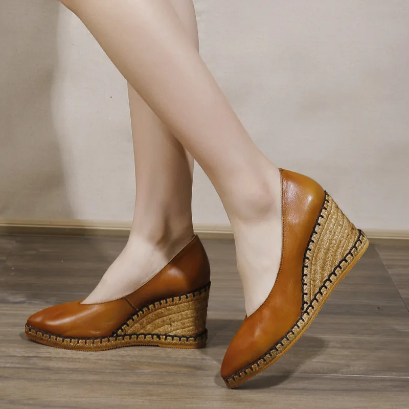 

Women Leather Pumps High heels Pointed Toe Wedge Shoes For Women Spring Genuine Leather Brand Pumps Women Handmade Shoes Slip ON
