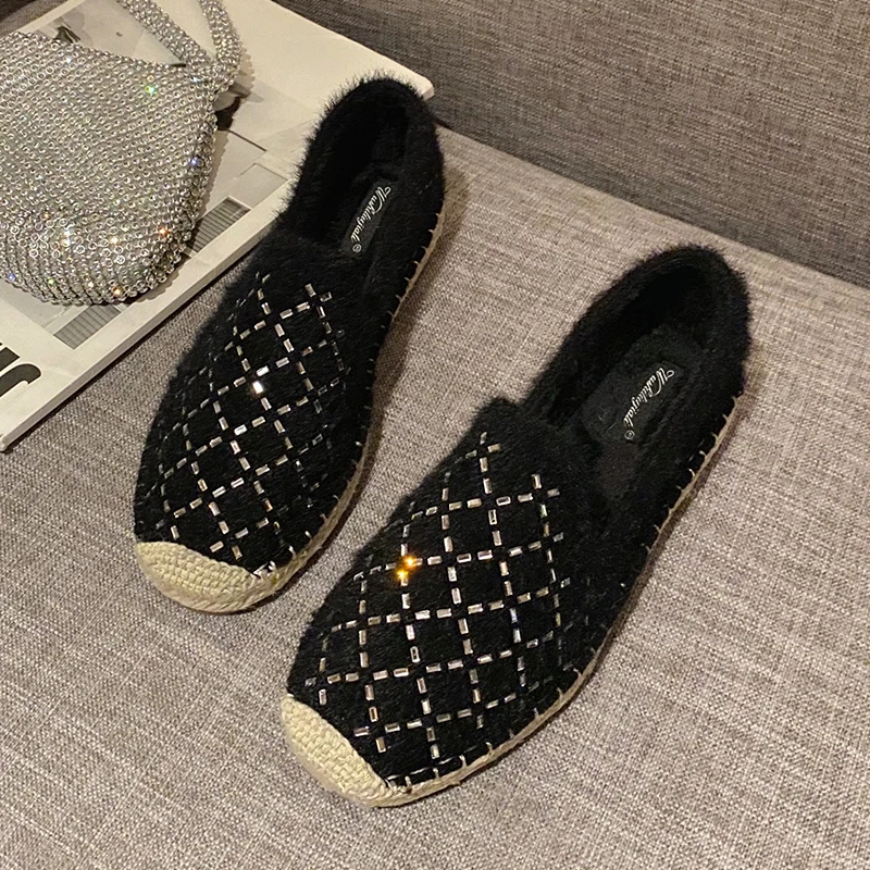 Fashion Hemp Loafers Women Espadrilles Flats Shoes Sewing Rhinestone Round Toe Ladies Casual Moccasins Slip On Brand Style New - Цвет: 90Black