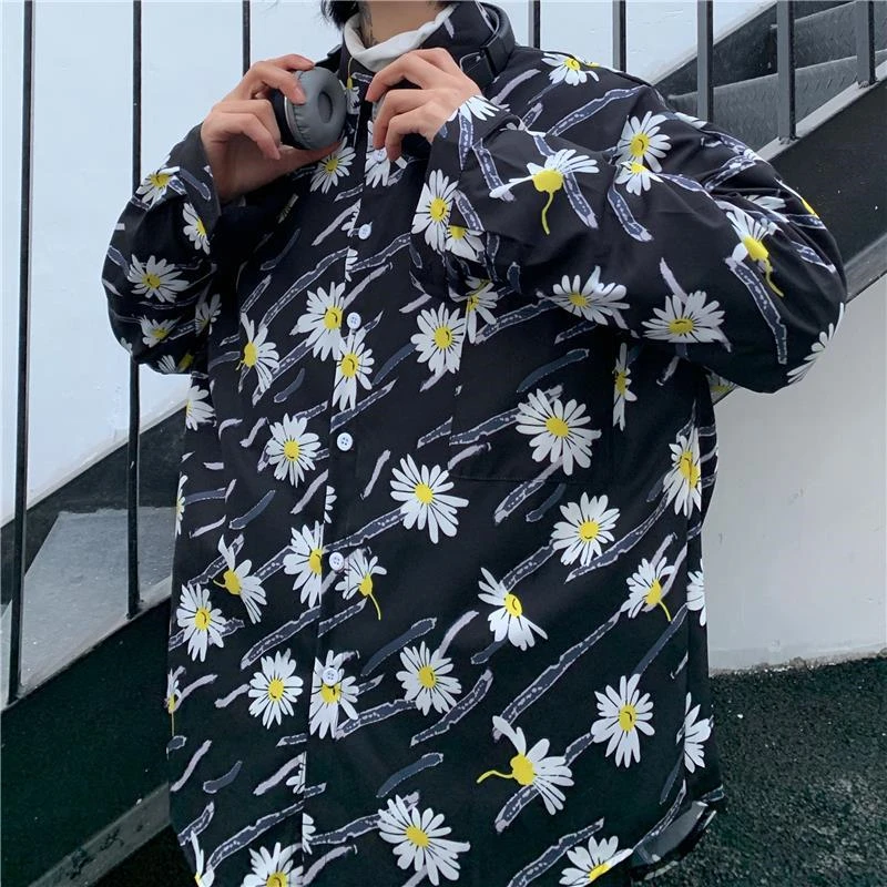 

2020 New Loose Long-sleeved Shirt For Men And Women Spring All Matching Korean Style Of Ins Trend Super Fire Daisy Full Print