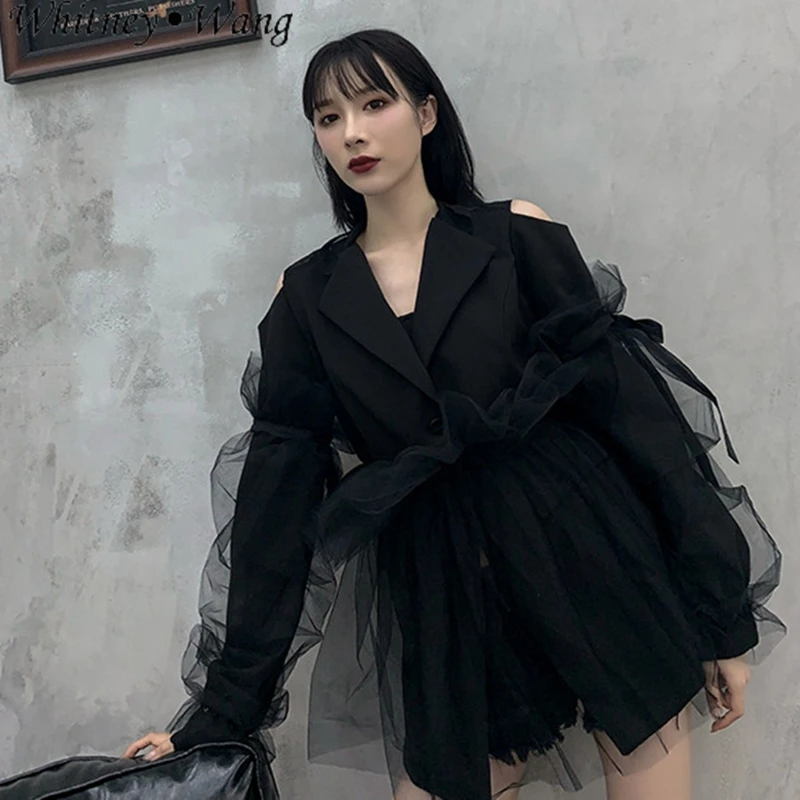 WHITNEY WANG Осенняя мода уличная дизайнерская стильная Съемная Сетка лоскутный Блейзер Женское пальто шикарные блейзеры