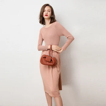 

Women's Tight sexy sweater skirt Cashmere and wool Knitted Sweater dresses Woman O-neck dresses Ladies Fashion wool skirt