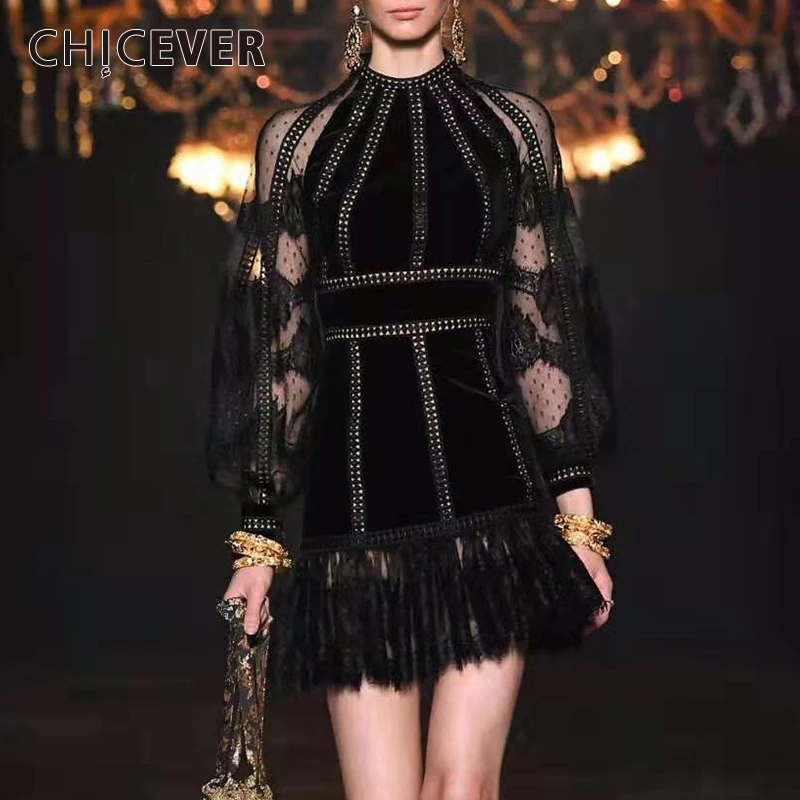 

CHICEVER Patchwork Lace Dress For Women O Neck Lantern Long Sleeve High Waist Mini Dresses Female 2020 Spring Fashion New