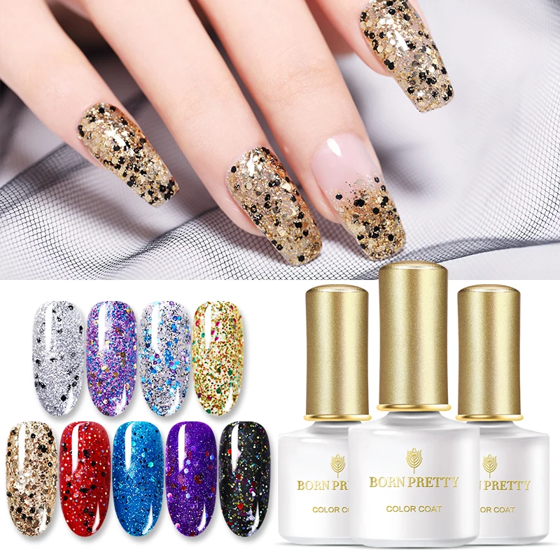 

BORN PRETTY Glittery Sequins Gel Nail Polish Glistering UV Gel Pink Gold Silver Semi Permanent Soak Off Nail Art Gel 6ml