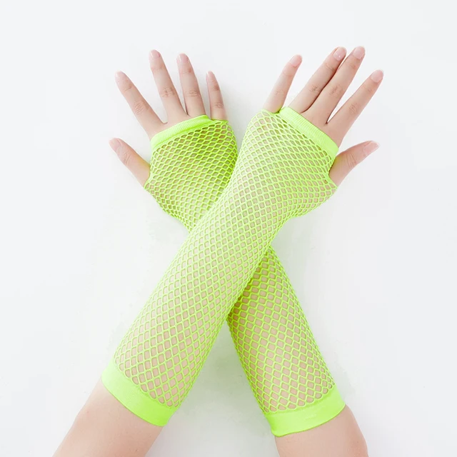 Stylish Long Black Fishnet Gloves Womens Fingerless Gloves Girls Dance Gothic Punk Rock Costume Fancy Gloves Bright Yellow