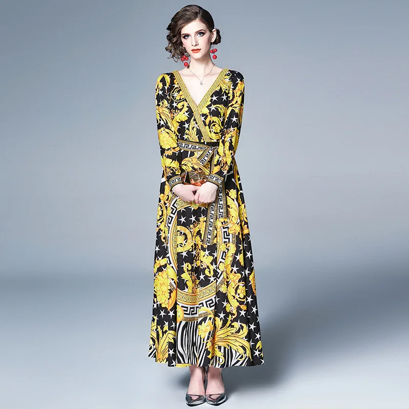 

New Style WOMEN'S Dress V-neck Long Sleeve Big Hemline Vintage Printed Waist Hugging Lace-up Long Skirts Dress