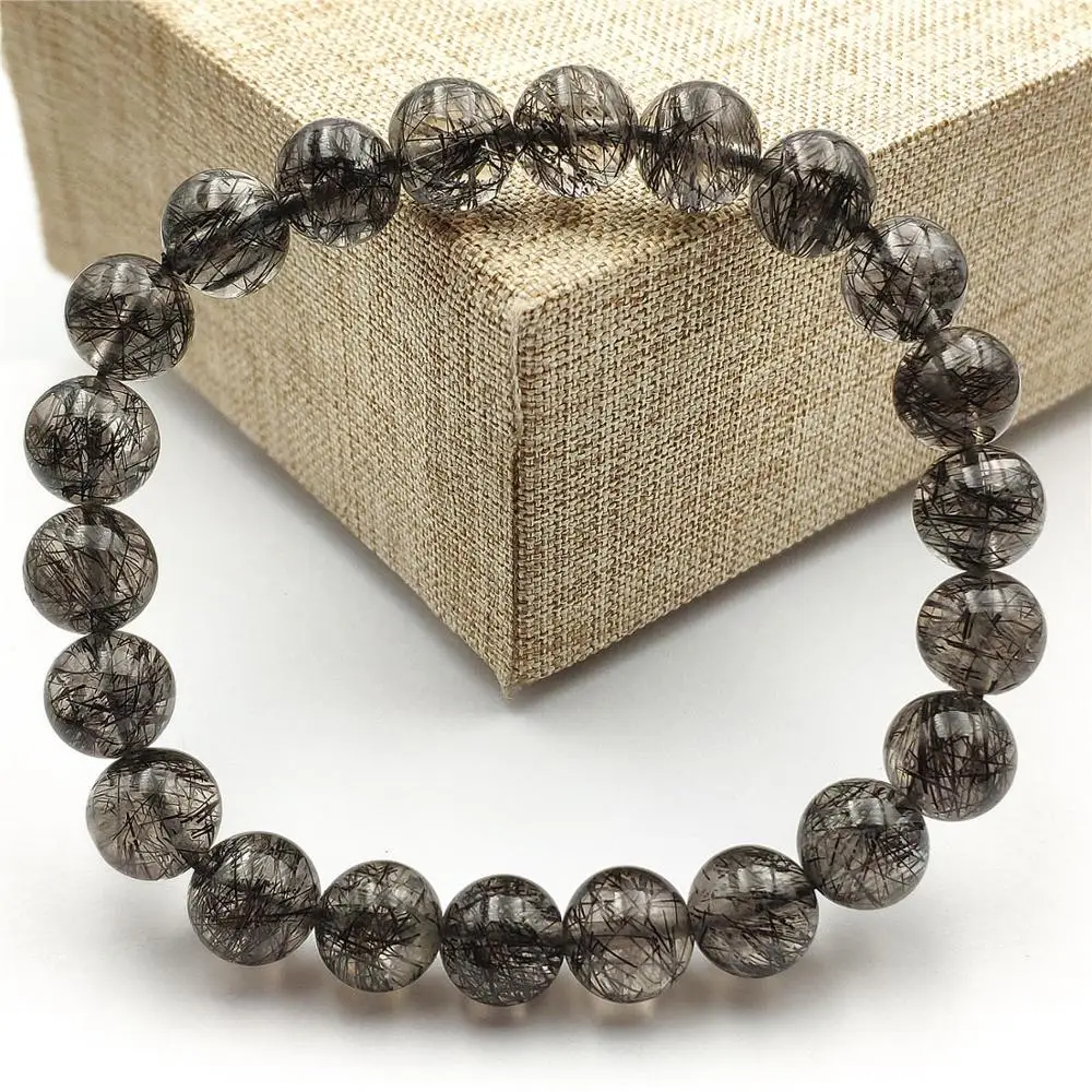 

9mm Natural Black Rutilated Quartz Crystal Clear Round Beads Bracelet For Women Men Wealthy Stone From Brazil AAAAA