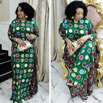 

High Quality Leopard Dot Print Loose Long Maxi Dress African Women Patchwork Dress Nigerian Bazin Riche South Africa Clothing