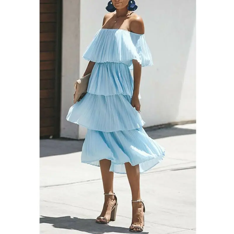 Новинка Boho женское летнее пляжное длинное платье с рюшами праздничные Модные женские повседневные многослойные платья с открытыми плечами