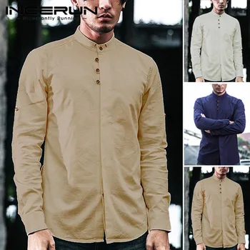

INCERUN New Literary Men's Casual Cotton Shirt Retro Stand Collar Slim New Fashion 2020 Chinese Style Solid Color Loose Shirt