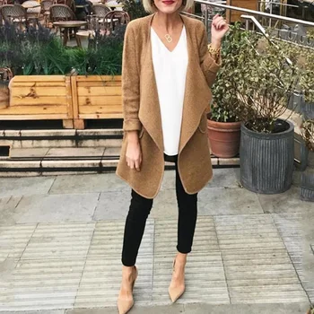 

Women Woolen Coats 2020 Autumn Winter Long Sleeve Turn-down Collar Pocket Outwears Casual Elegant Cardigan Overcoats Female Tops