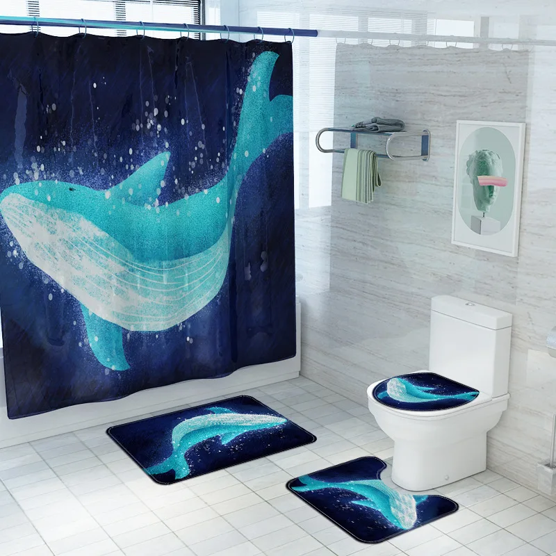 Deep Blue Whale Printed Shower Curtains Printing Polyester Frabic Bath Curtain Toilet Seat Cover Floor Mat Pedestal Rug Pad | Дом и сад