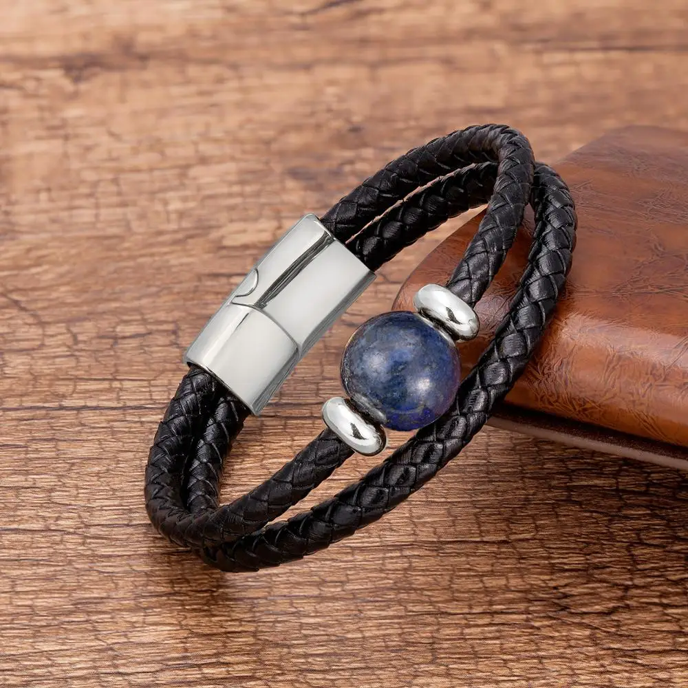 Fashion Genuine Leather Bracelets For Men Charm Stainless Steel Magnetic Bracelet Mens Jewelry Natural Tiger Eye Stone Pulseras