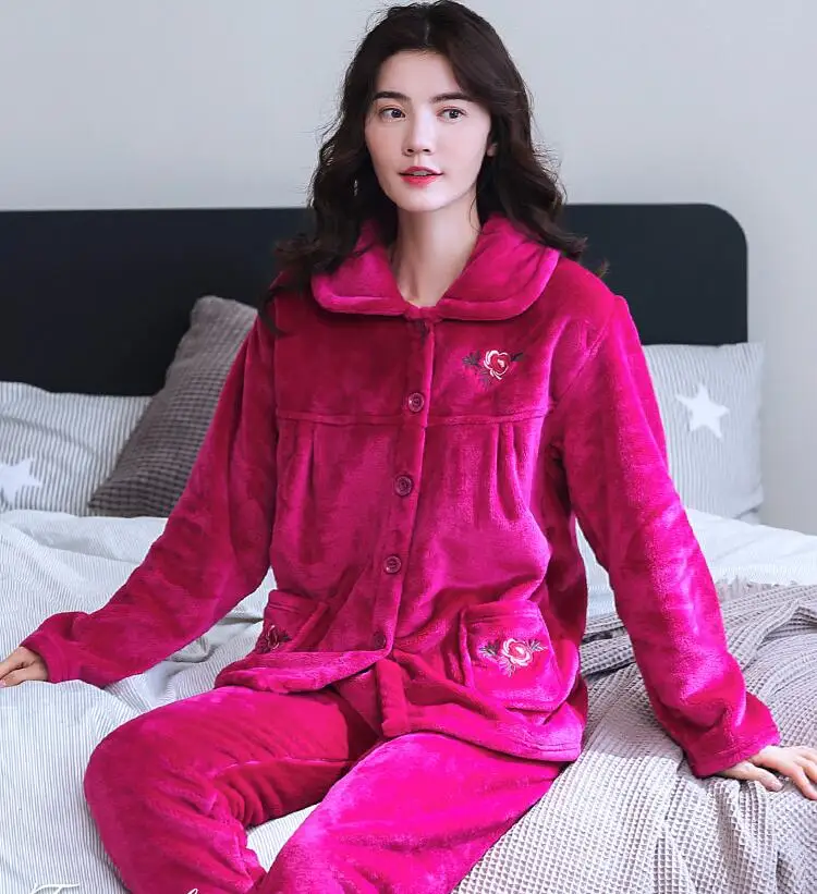 StyleJ H5783 уплотненная фланель пижамы костюм для женщин среднего и среднего возраста Домашняя одежда мама с длинным рукавом осенне-зимняя Пижама - Цвет: StyleJ