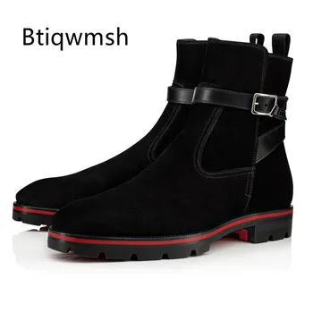 

Black Cow Suede Leather Boots Man Pointed Toe Cross Belt Low Heel Boots For Men Ankle Boots