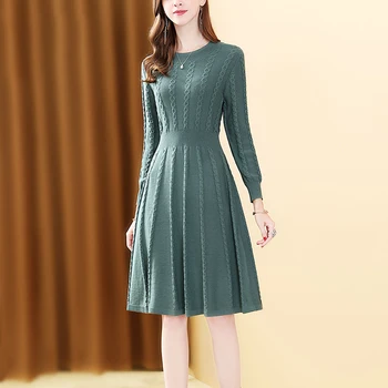 

ONLY PLUS O-neck Green Dress Women Long Sleeve One-Piece A-line Pleated Dress High Waist 2020 Spring Summer Dress For Women