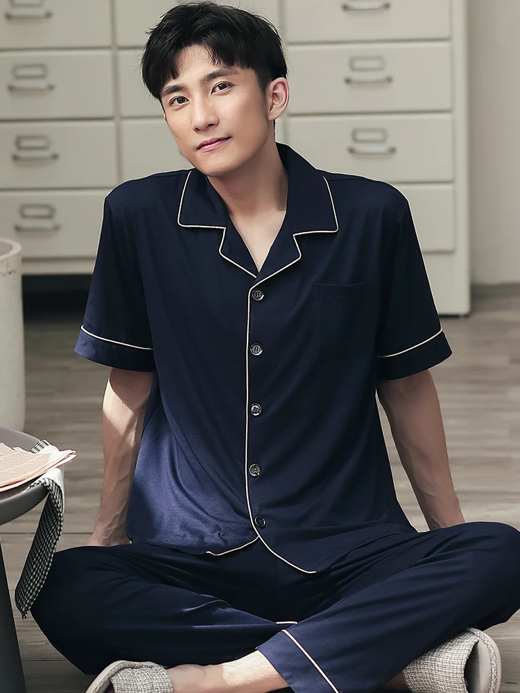 Men Modal Pajamas Set Short Sleeve+Trousers Man Sleepwear Nightwear Home Clothes Pyjamas Blue Pj Set Pijamas Homme High Quality