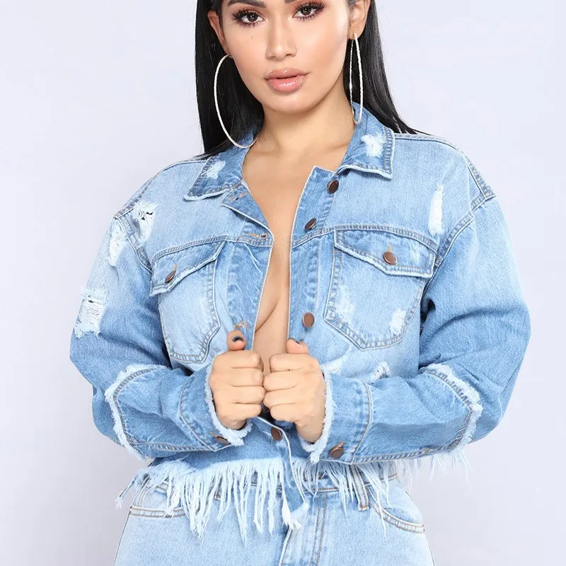 2019 Сексуальная женская джинсовая куртка бойфренда с кисточками винтажная