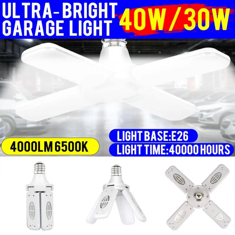 LED Garage Light 40/30W E26 AC85-265V Deformable Ceiling Light Foldable Fan Blade For Warehouse Workshop