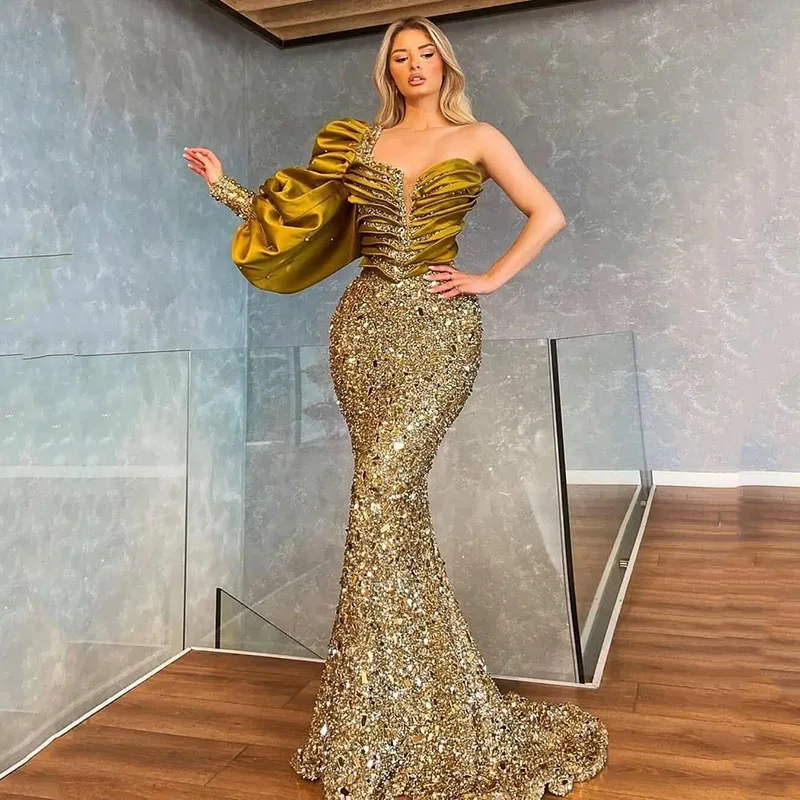 SoDigne One Shoulder Shinny Evening Dresses 2021 Beads Crystal Tiered Puff Sleeves Formal Party Dress Long Prom Gowns SoDigne One Shoulder Shinny Evening Dresses 2021 Beads Crystal Tiered Puff Sleeves Formal Party Dress Long Prom Gowns