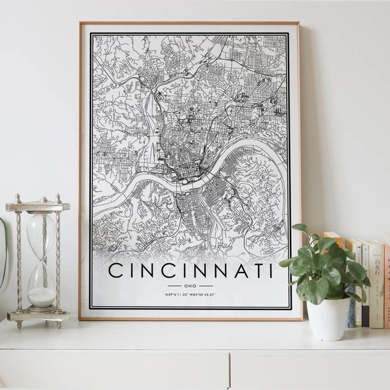 Mapa De La Ciudad De Cincinnati Descarga Digital Impresion En Blanco Y Negro De Ohio Oh Usa Poster Arte De Pared Decoracion Personalizada Ilustraciones Regalos Pintura Y Caligrafia Aliexpress