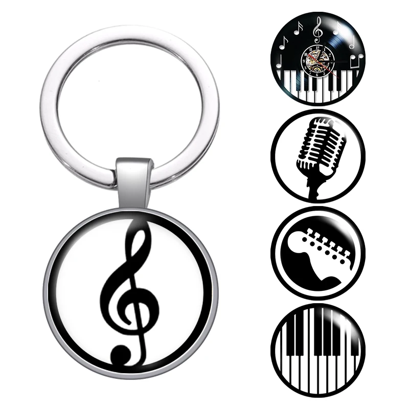 Music note Musical instruments glass cabochon keychain Bag Car key chain Ring Holder silver color keychains for Men Women Gifts | Украшения