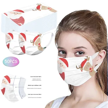 

Christmas Print Disposable Masks Unisex Breathable Mouth Maske Masque 50PC Dustproof Anti Pollution 3-Layer Protective Face Mask