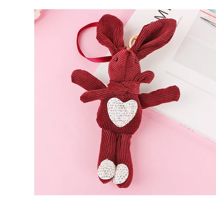 Plush Fabric Cartoon doll Keychain Stick-on Crystals Peach Heart Rabbit Key Ring Students Couples Gift Handbag Pendant