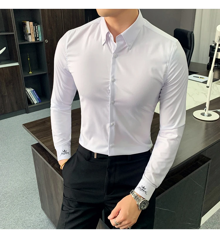 Мужские рубашки с вышивкой черные Camisas Sociais Masculina Slim Hombre Elegante рубашки белые рубашки с отложным воротником качество розовый