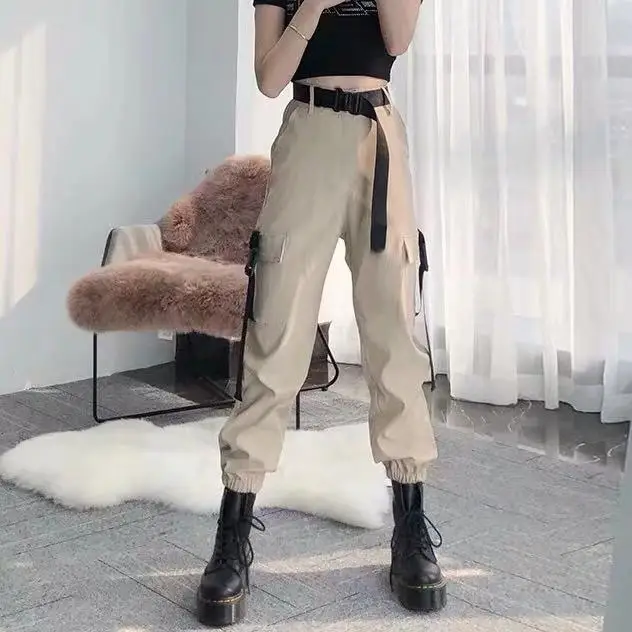 Pants and belt Осень модные женские брюки карго высокой цепи на талию брюки джоггеры женские хип хоп однотонные свободные Весенние уличные женские - Цвет: Pants and belt