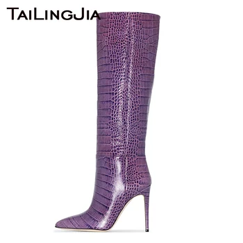 

Purple Boots for Women 2020 Knee High Boot Ladies Elegant Pointed Toe Stiletto High Heel Boots Large Size Crocodile Pattern Shoe