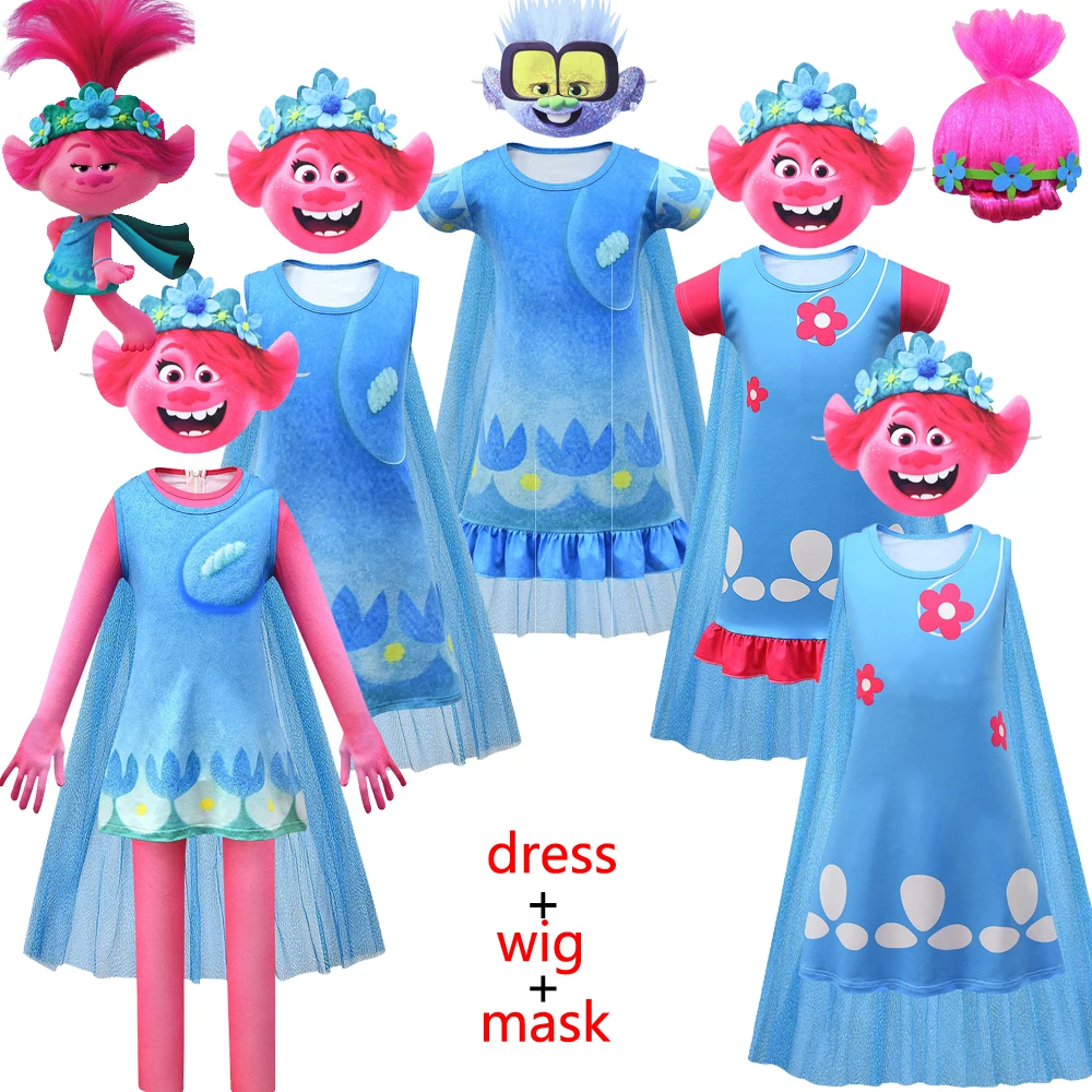 Troll Poppy Costume Girl Dresses Anime Costumi Cosplay Per Bambini Halloween Festa Di Natale Fancy Dress Outfit Parrucca Spirito