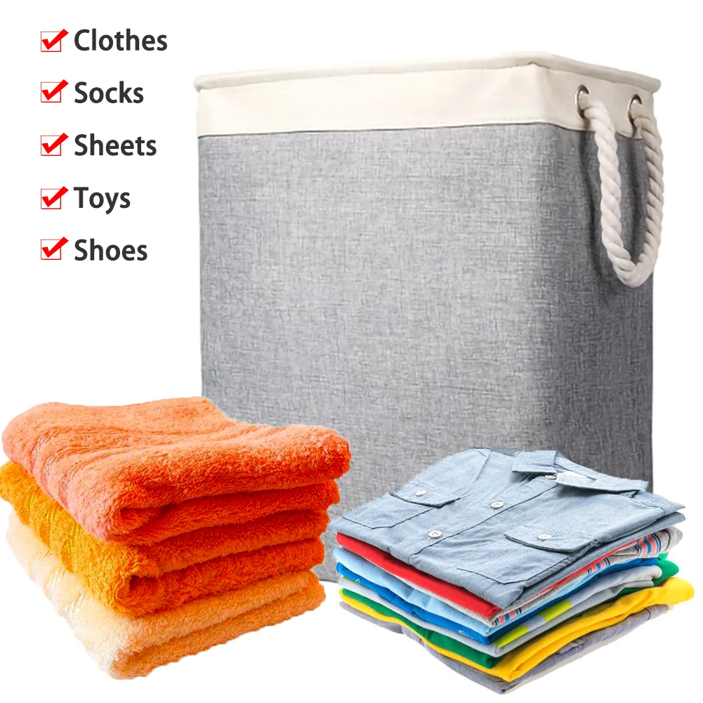Laundry Basket Cotton Linen Hamper Square Laundry Basket Hamper Folding Fabric With Handle Dirty Clothes Storage Bucket Bathroom