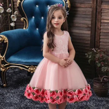 

2019 New Autumn Dress Girls Princess Birthday Wedding Dress Children Dressess Flower Print Round Neck Tutu Girls Lace Dress