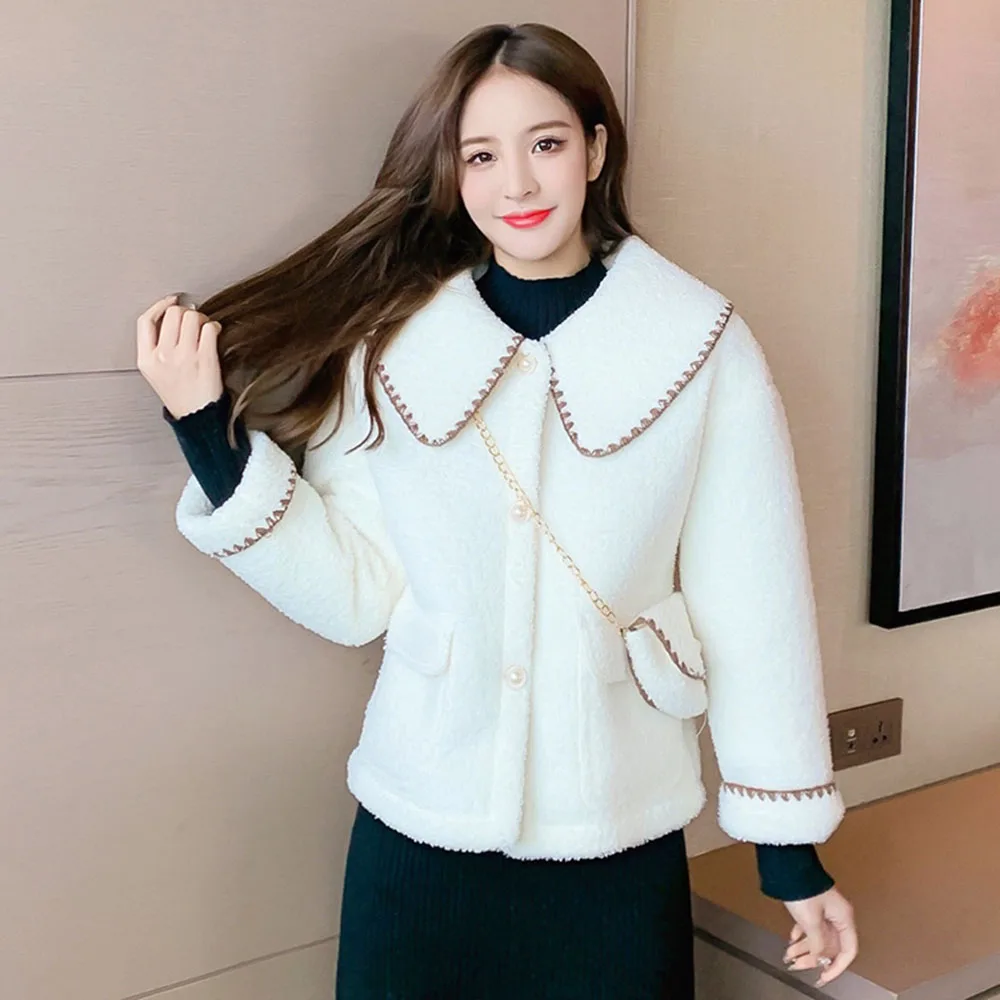 

Korean Version Lambswool Coat Autumn Winter The New Loose Short Thicken Doll Collar Keep Warm Decoration Bag
