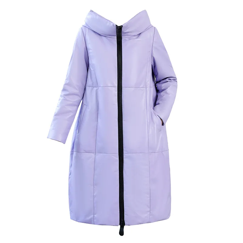 HANZANGL размера плюс M~ 4XL Новое кожаное пальто женский пуховик Зимняя мода с капюшоном длинный плащ кожаная одежда