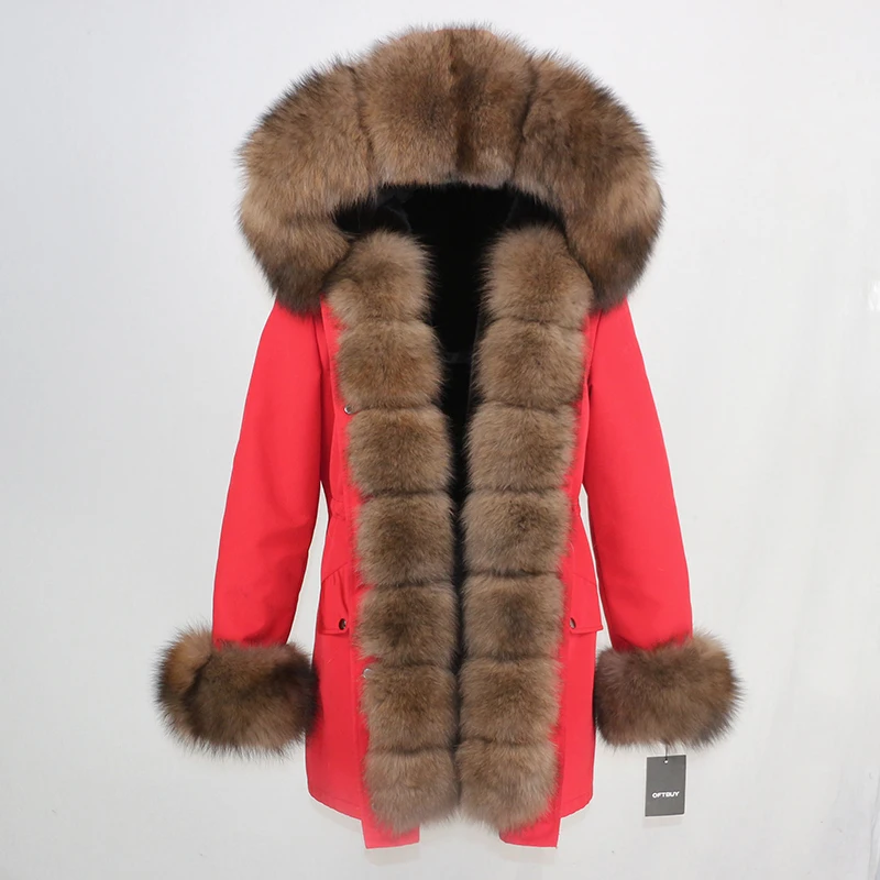 red brown OFTBUY, водонепроницаемая длинная парка, зимняя куртка, для женщин, натуральный мех, пальто, натуральный Лисий мех, воротник, капюшон, толстая, теплая, уличная, съемная, Новинка - Цвет: red brown