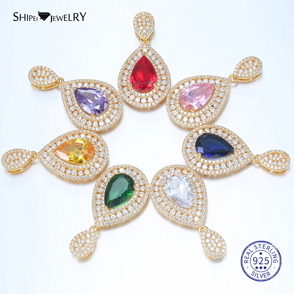 Shipei Sterling Silver Fine Jewelry Ruby Emerald Sapphire Water Drop Pendant Necklace for Women Anniversary Gift