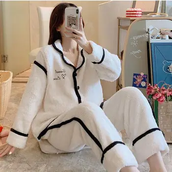

Autumn New Plus Velvet Pajamas Suit Long-sleeve V-neck Cardigan Solid Pyjamas Loose Cotton Casual Home Nightwear Women 2pcs Set
