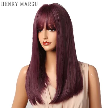 

HENRY MARGU Long straight Purple Womens Wigs With Bangs Heat Resistant Synthetic Straight Natural Wigs High Temperature Fiber