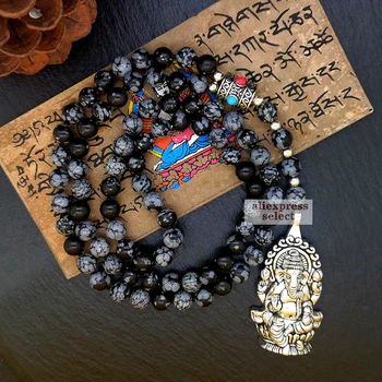 

Ancient Silver Ganesha Pendant Necklace For Men&women Natural Snowflake Stone Knotted Soft Necklace Meditation Amulet Jewelry