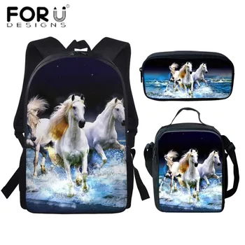 

FORUDESIGNS 16 Inch Fashion Backpack Cool Crazy Horse Pattern 3PCs/Set Kids School Bags Cartoon Designer Teenagers Book-Bags Set