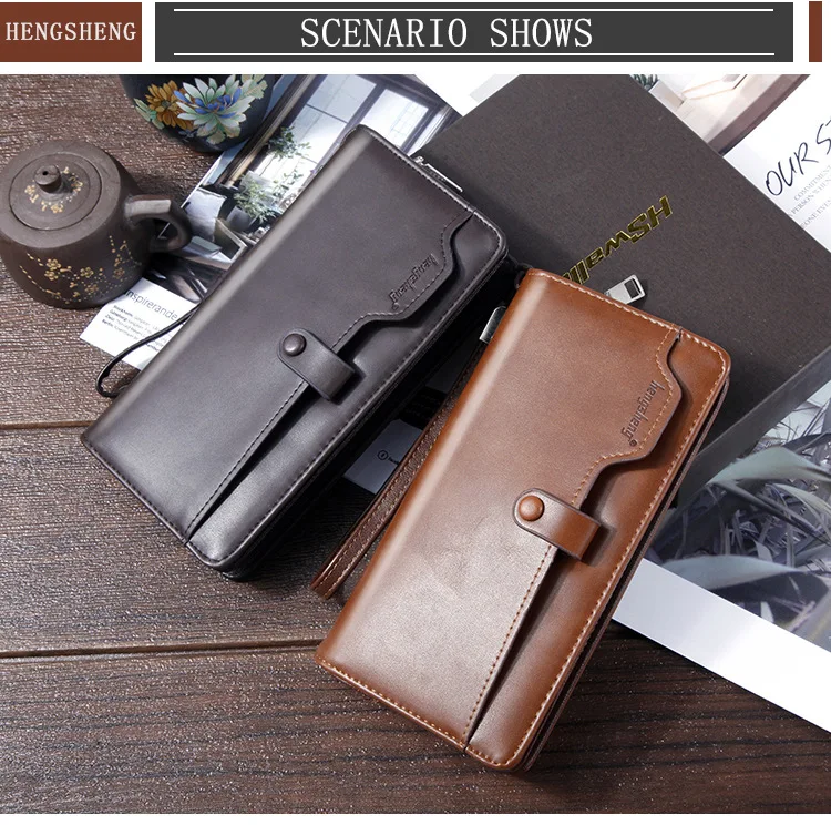 New Long Business Men's Leather Wallet With Coin Pocket Big Capacity Man Phone Purse Fashion Zipper Clutch Bag For Male