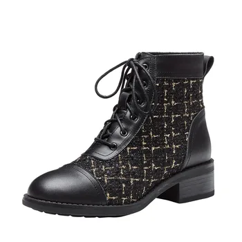 

2020 Ladies Elegant Black White Ankle Shoes Lace Up Plaid Design Women Short Boots Cow Leather Handmade Female Shoes Botas Mujer