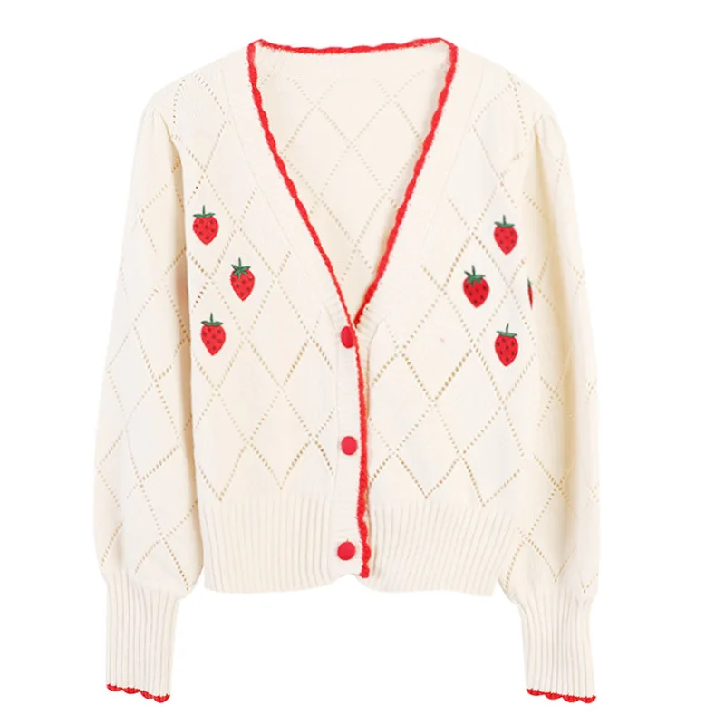 

GRUIICEEN autumn strawberry embroidery V-neck cardigans jacket single breasted hollow out short sweater cardigans GY2019143