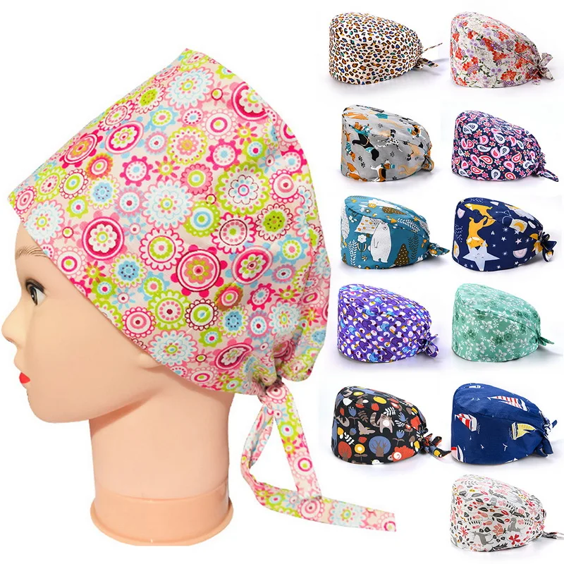 

14 Colors Unisex Adjustable Working Cap with Protect Ears Button hat Floral Print Bouffant Hat Head Scarf