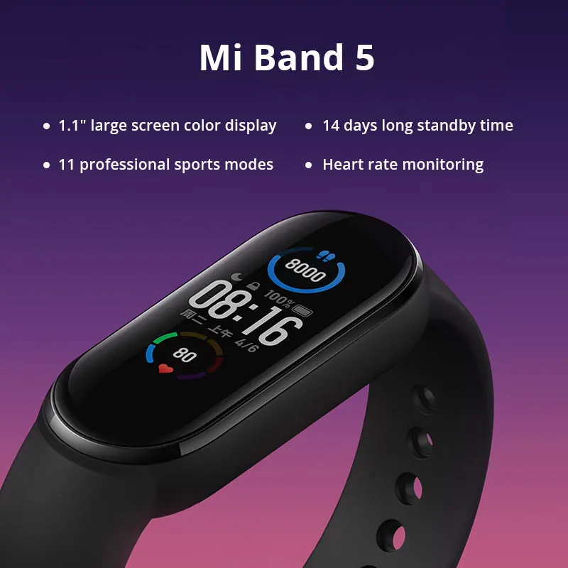 Оригинальный Смарт браслет Xiaomi Mi Band 5 цветной дисплей AMOLED 1 дюйма пульсометр